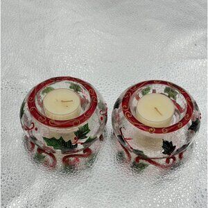 Christmas Crinkle Glass  Votive Candle Holders Holly & Swirl Set Of 2‎ Holiday